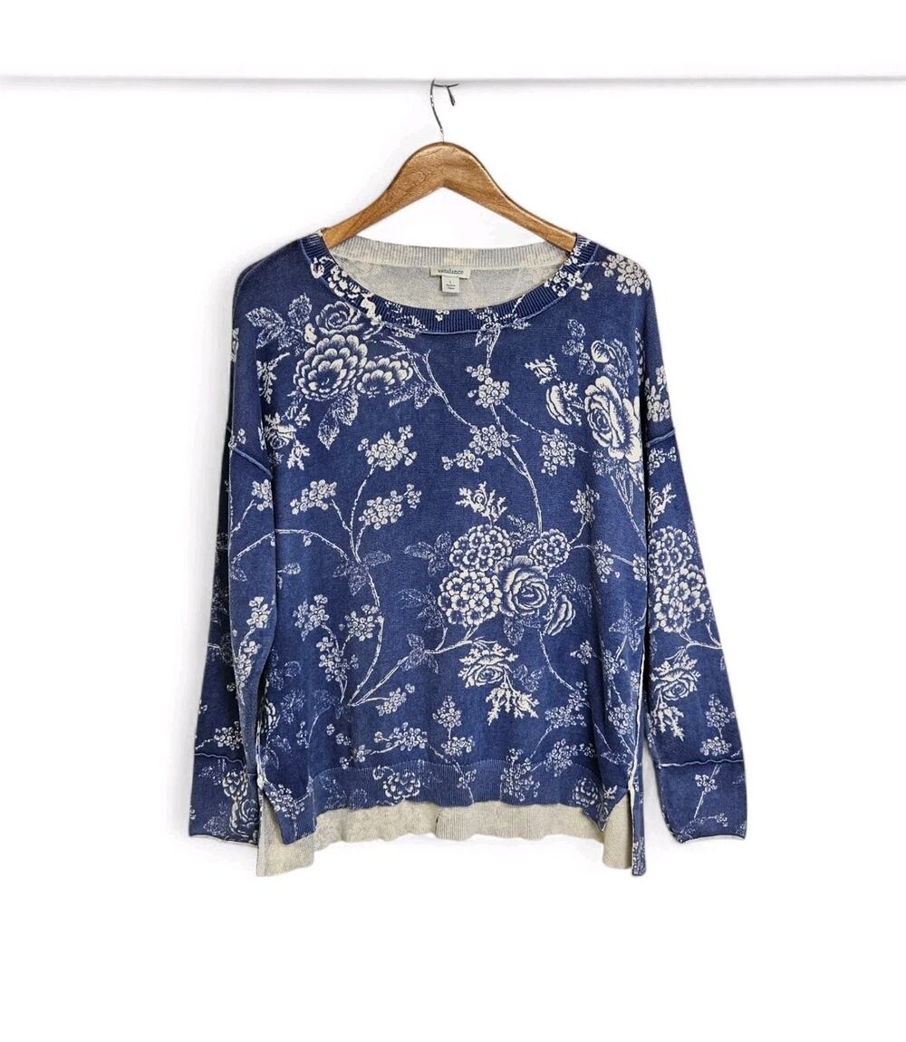 Sundance Blue Ivory Floral Cotton Cottagecore Crewneck Sweater Womens Size Large